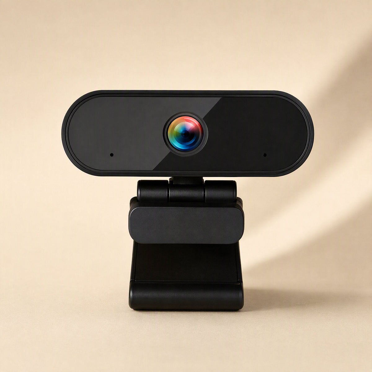 Focusview USB Computer Camera With Autofocus, black webcam shown front-on with a colourful lens on a beige backdrop
