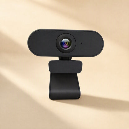 Focusview – Black webcam seen at a slight angle on its folding clip stand, with soft light and shadow across a cream