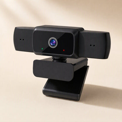 Focusview – Black wide-body webcam at a three-quarter angle showing green and red indicator lights and microphone holes on