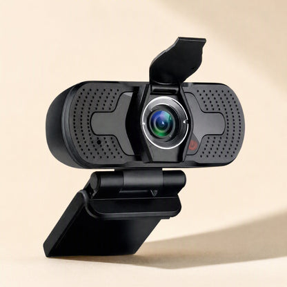 Focusview – Black webcam with a perforated front panel and a flip-up lens cover raised above the glass lens