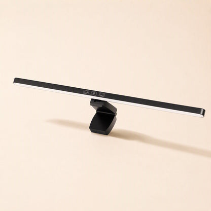 Screenlamp – Slim black monitor light bar with touch controls on the front and an angled clip, lit along its lower edge