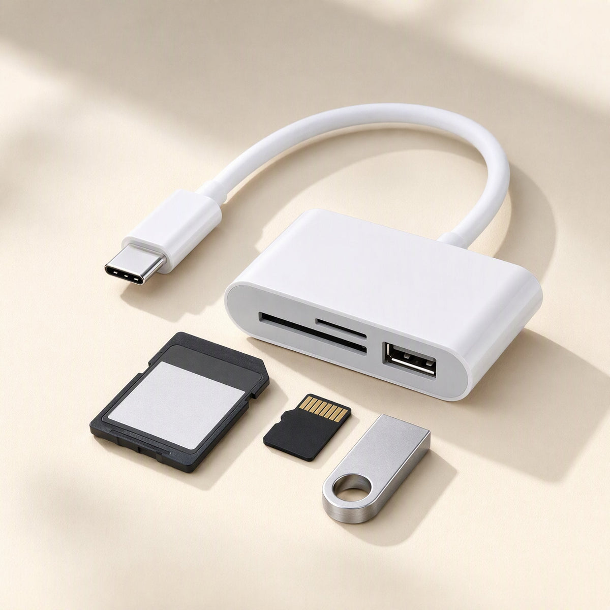 Bytebridge Type-C SD TF USB Card Reader with SD card, microSD card and flash drive on a cream surface
