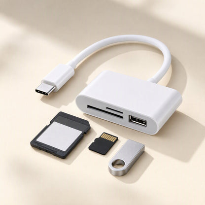 Bytebridge Type-C SD TF USB Card Reader with SD card, microSD card and flash drive on a cream surface