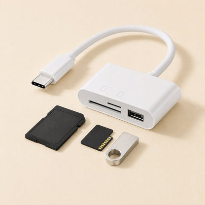 Bytebridge – White Type-C card reader with SD and microSD slots and a USB port, shown from above with a card and drive