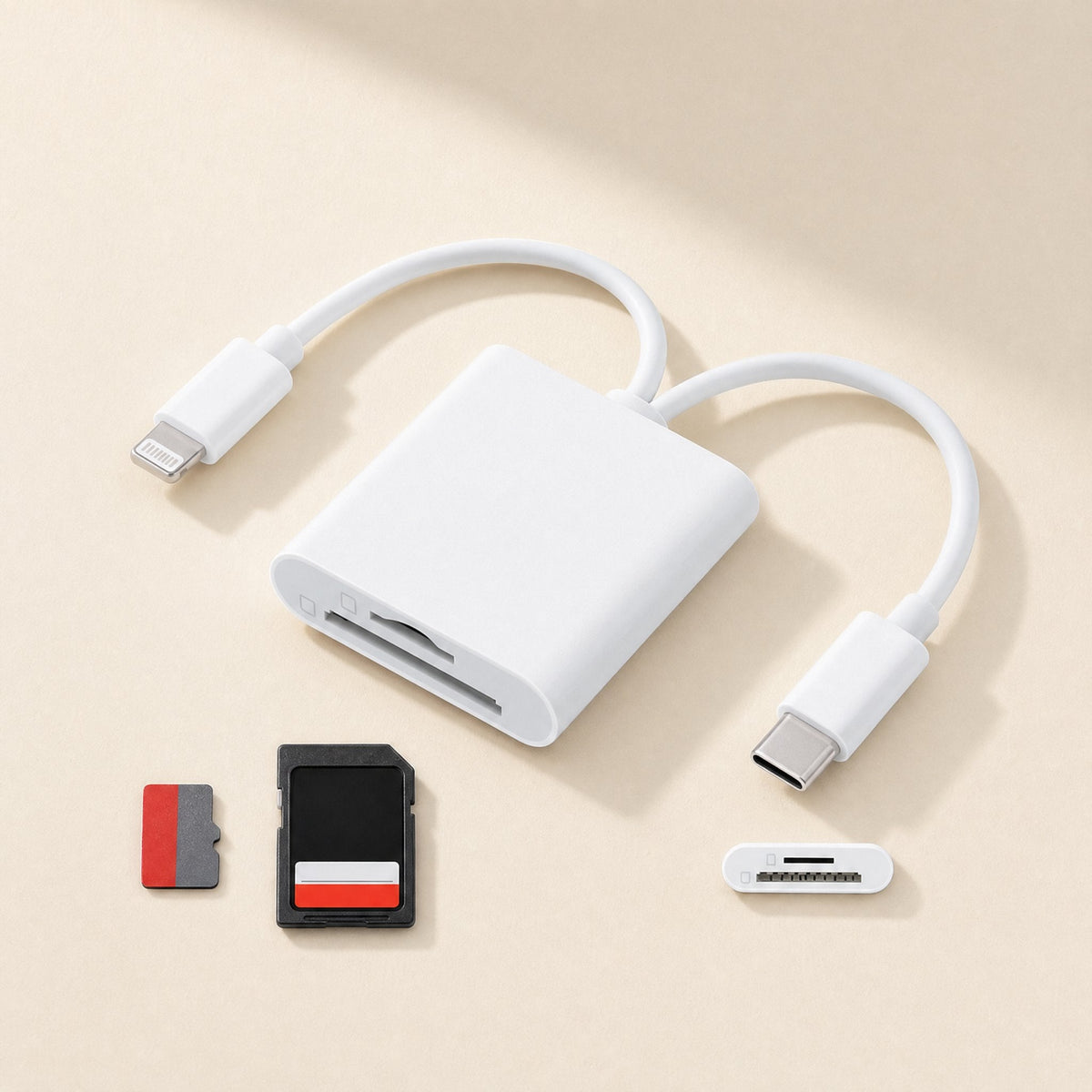 Bytebridge – White dual-connector card reader with Lightning and Type-C cables beside a microSD card and SD card