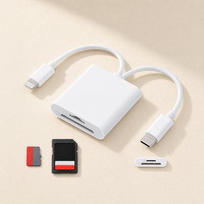 Bytebridge – White dual-connector card reader with Lightning and Type-C cables beside a microSD card and SD card