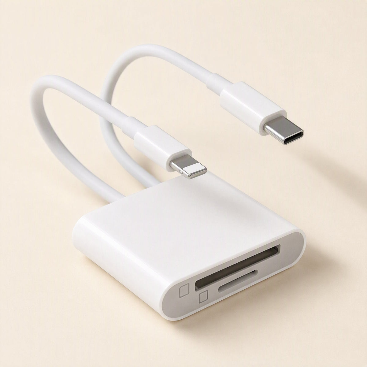 Bytebridge – Angled view of the white card reader with Lightning and Type-C plugs and two card slots on its front edge
