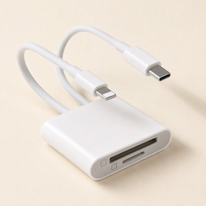 Bytebridge – Angled view of the white card reader with Lightning and Type-C plugs and two card slots on its front edge