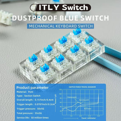 Tactileaf Wireless Mechanical Keyboard blue switches in a clear tray, with specs and force travel chart