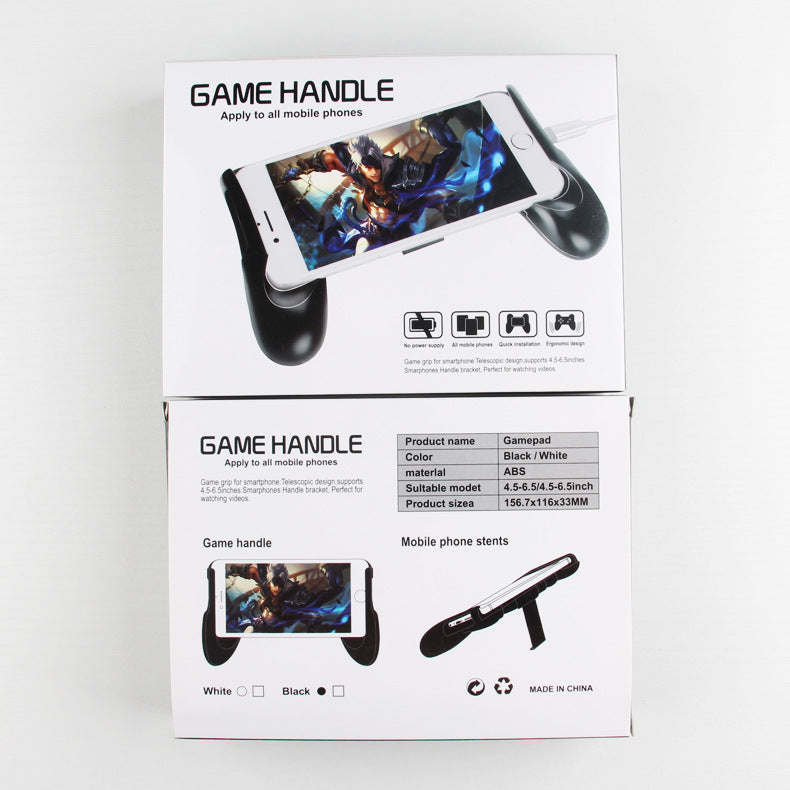 Clampgrip Wireless Phone Game Controller Grip in retail boxes, front and back, showing a phone in the grip