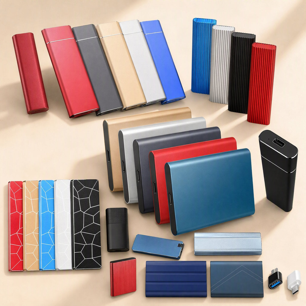 Drivevault Portable Metal Solid State Hard Drive in assorted colours, shapes and patterns with adapters