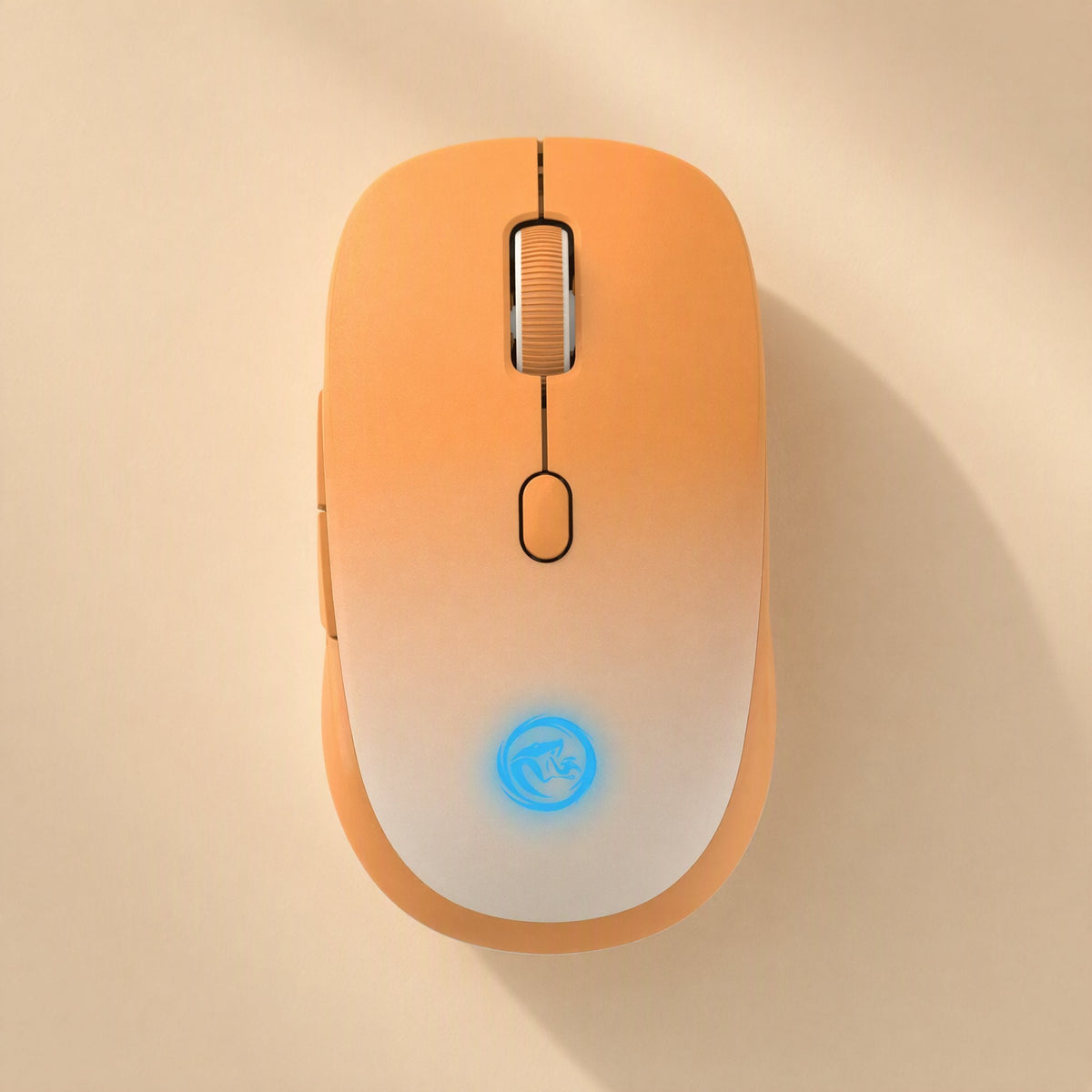 Twintrack – Orange-to-white gradient mouse from above, with a glowing blue logo on the palm area