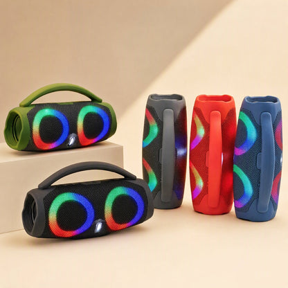 Portatune Portable Bluetooth Speaker in green and black, two lying flat, three more standing, RGB rings glowing