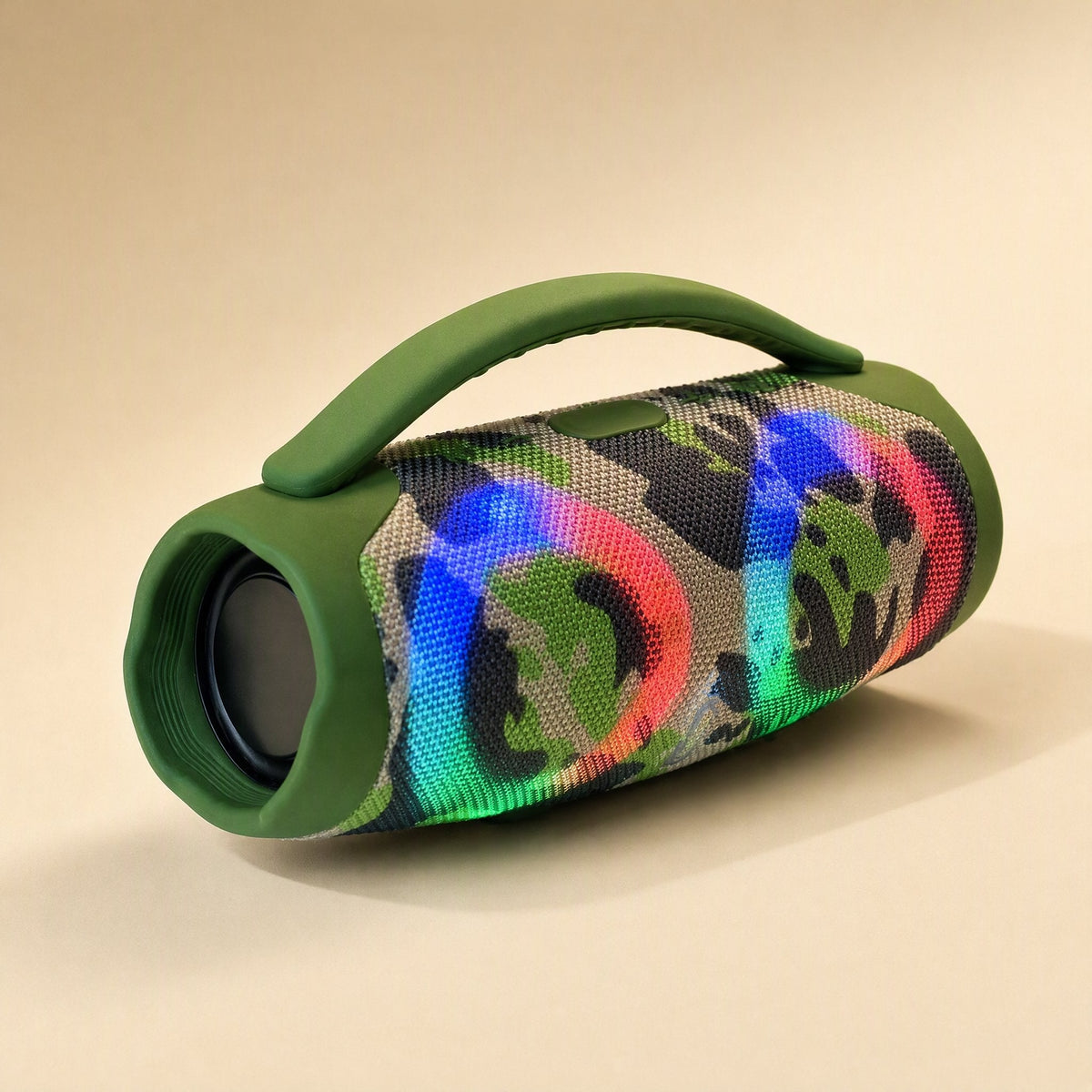Portatune – Camouflage-pattern speaker with green handle lying on its side, rainbow lights glowing through the fabric