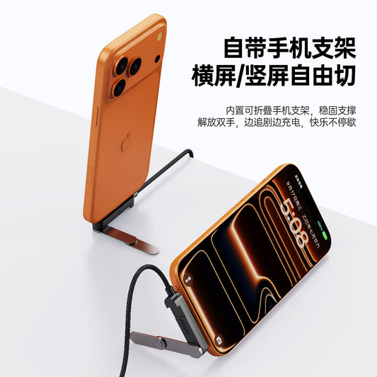 Braidspark – Orange phones propped on the cable's built-in folding stand in portrait and landscape on a white surface