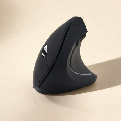 Palmtilt vertical wireless mouse in black, shown from the front at an angle on a cream background