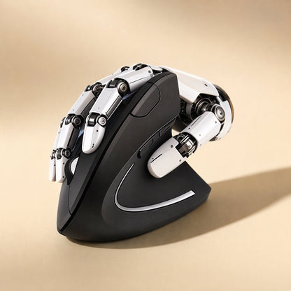 Palmtilt – Robotic white-and-black hand resting on a black vertical mouse with a curved silver accent line