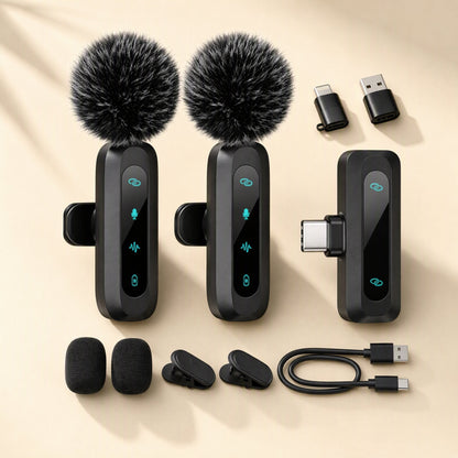 Livevoice Wireless Lavalier Microphone kit with two fluffy-windscreen transmitters, receiver, adapters, clips and cable