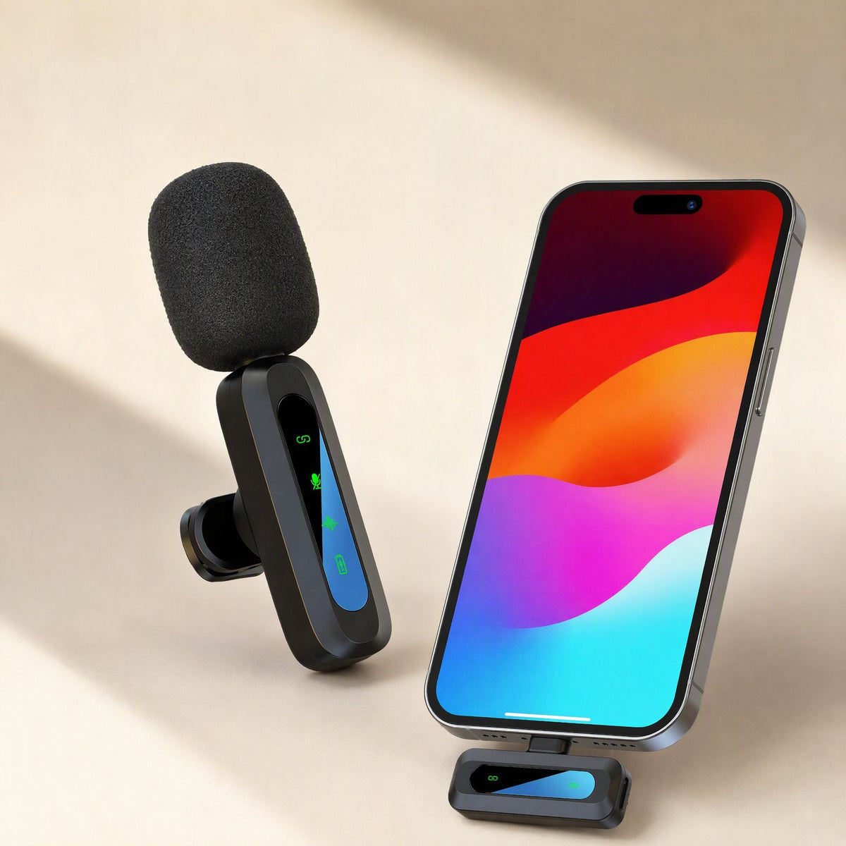 Livevoice – Lavalier microphone standing beside a smartphone with a small receiver plugged into its charging port