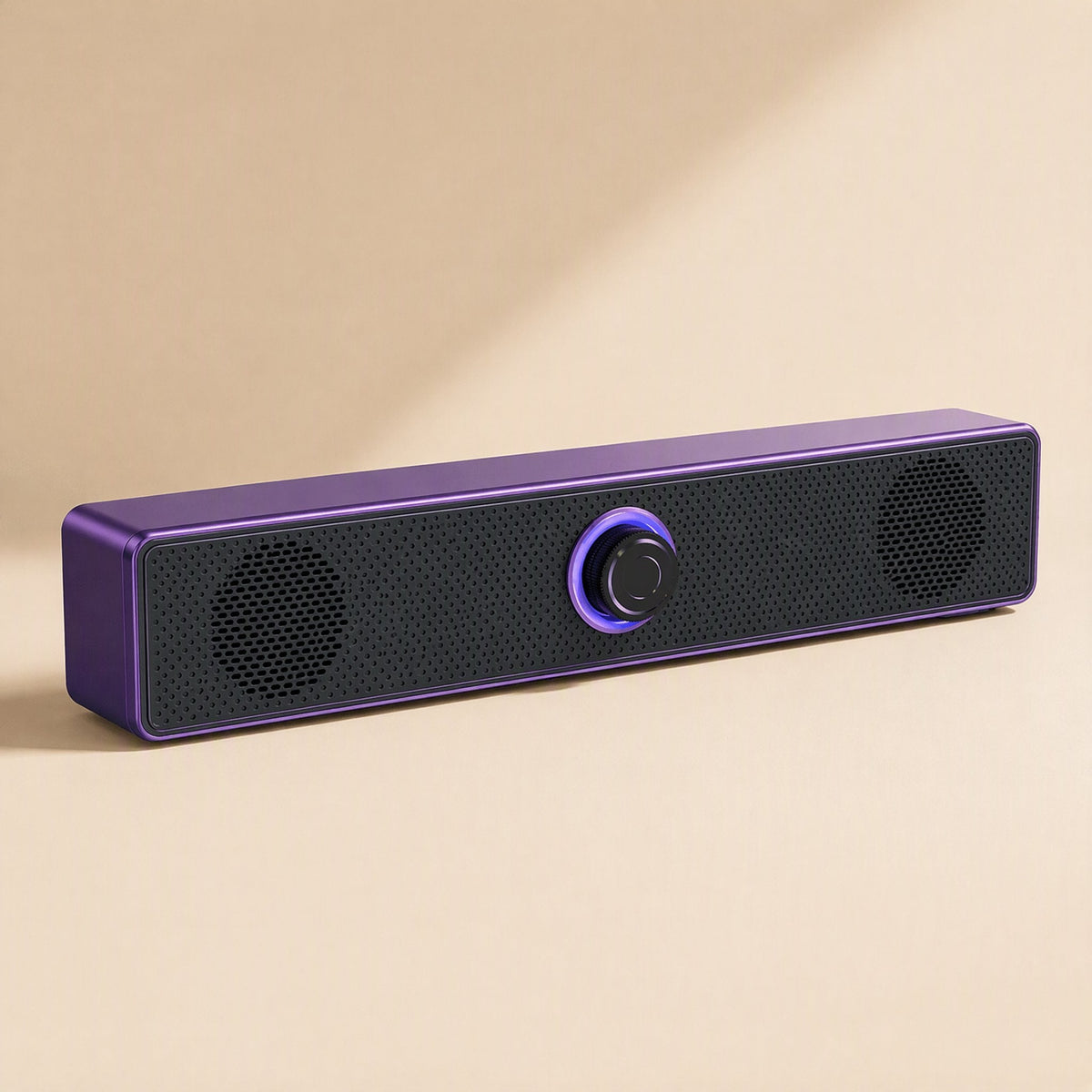 Tinytone Small Desktop Speaker in purple, angled view with a glowing blue-violet ring around the center knob