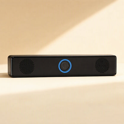Tinytone – Front view of a black long-strip speaker with a blue-lit center knob and two round grilles on a cream backdrop