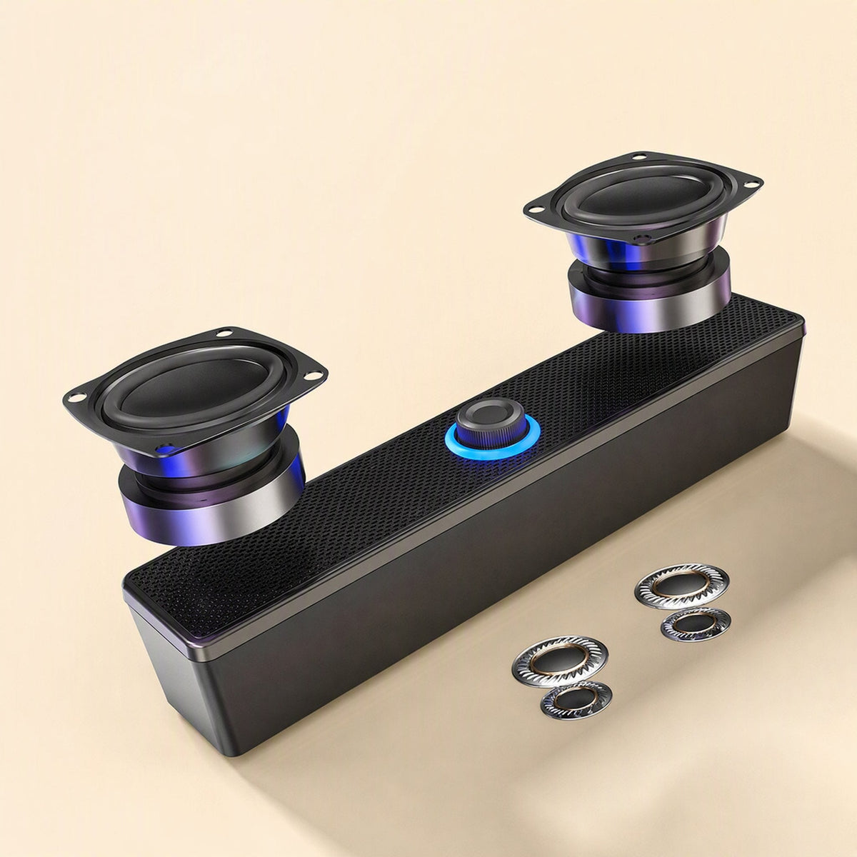 Tinytone – Exploded view showing two drivers lifted above the black housing, with small metal rings on the surface