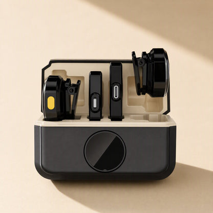 Lapelcast Wireless Lapel Microphone charging case open, showing two clip-on mics and two receivers