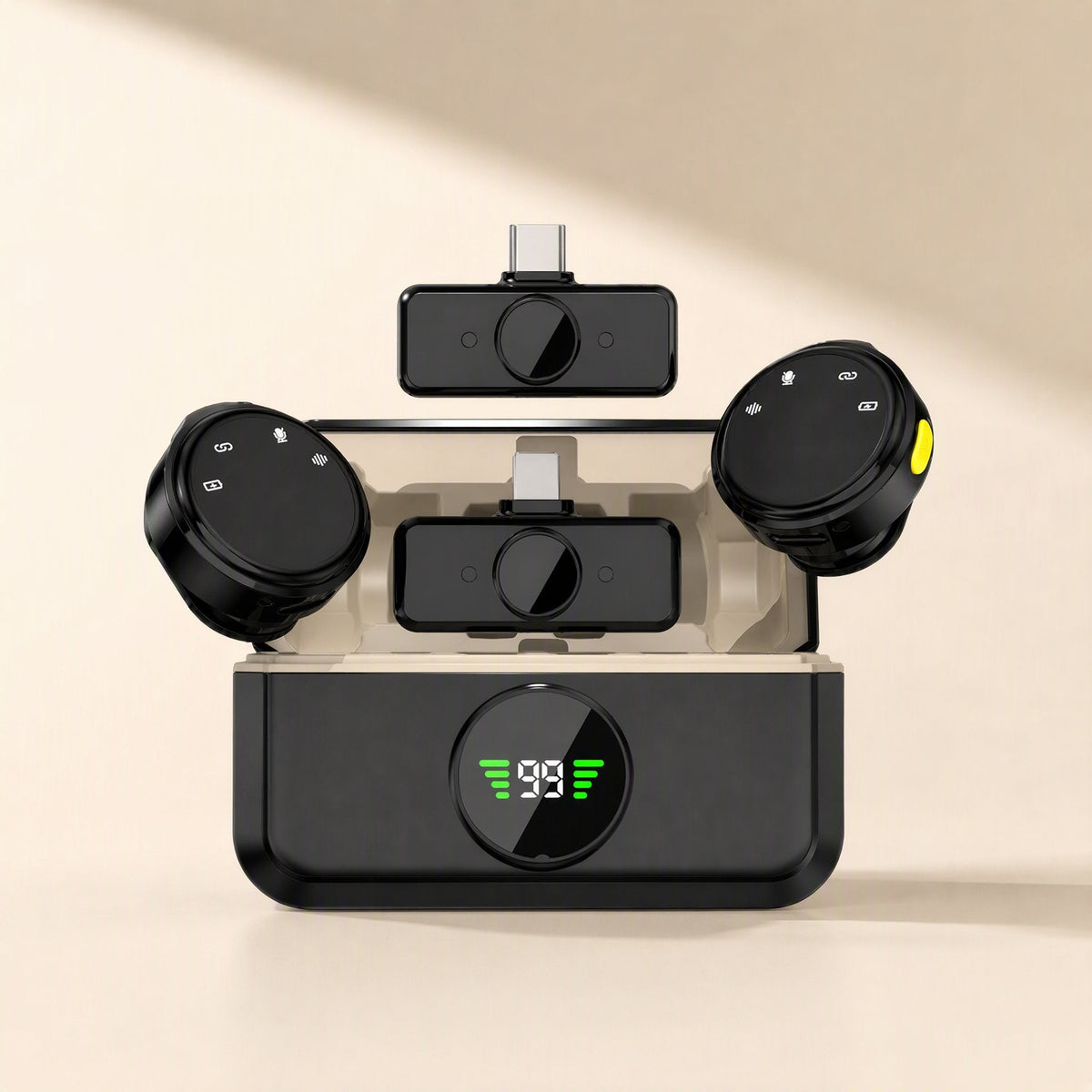 Lapelcast – Charging case with digital battery display showing 99, two round clip mics and two USB-C receivers