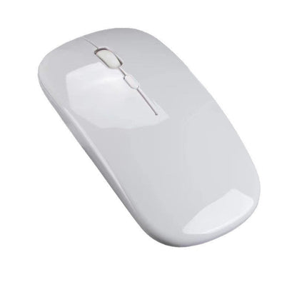Optiglide – White glossy wireless mouse with scroll wheel and button, shown from above on a plain background