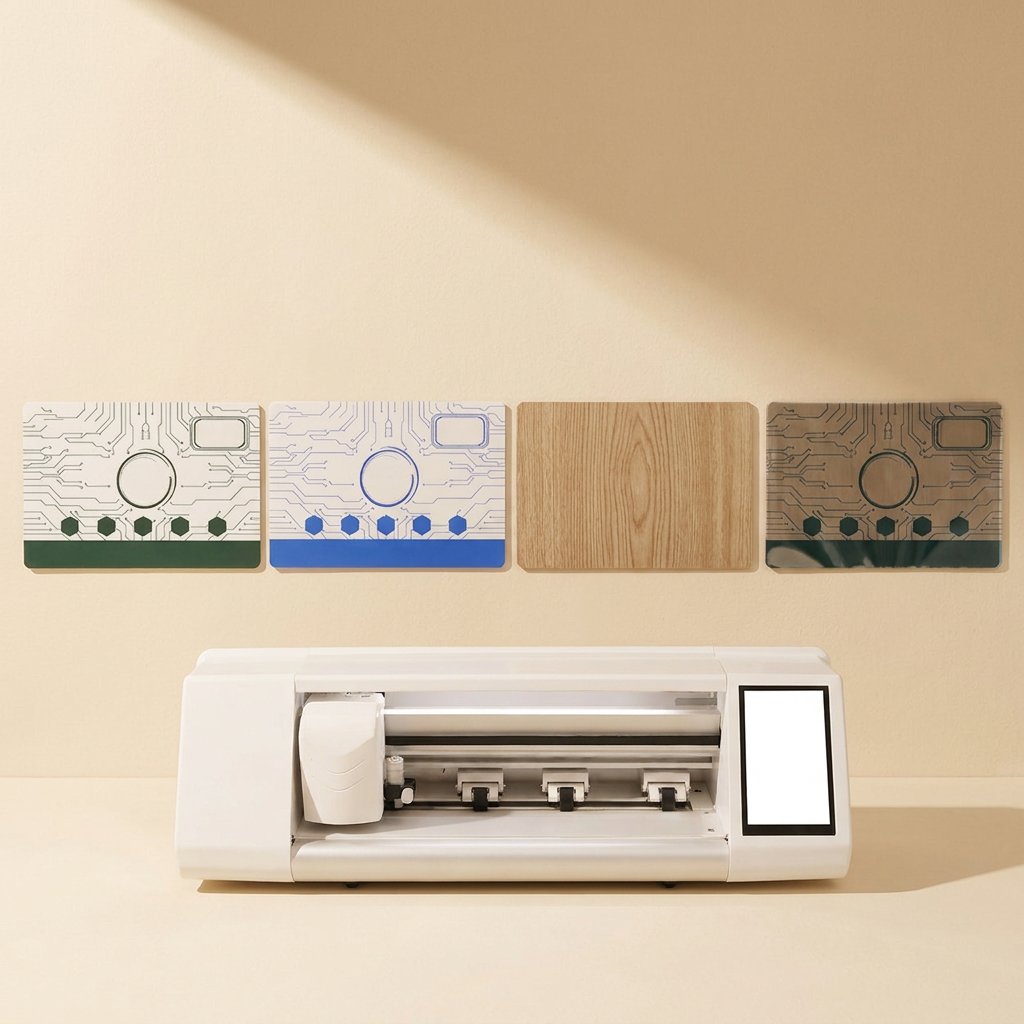 Gelguard HD Mobile Phone Hydrogel Film sheets in four finishes above a white film cutting machine