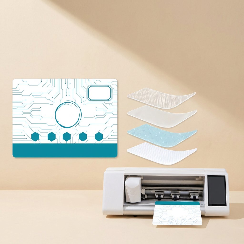 Gelguard – Circuit-pattern teal film sheet beside four stacked layers and a cutting machine feeding out a cut sheet