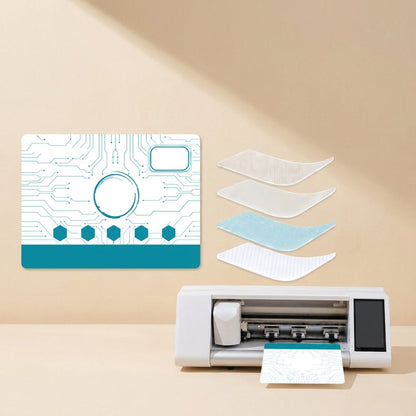 Gelguard – Circuit-pattern teal film sheet beside four stacked layers and a cutting machine feeding out a cut sheet