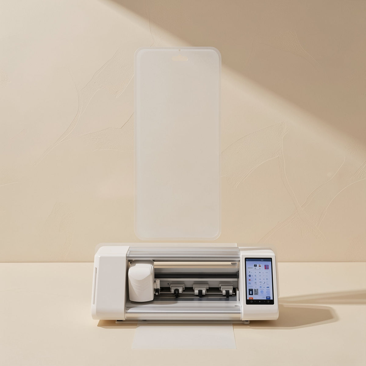 Gelguard – Cutting machine with touchscreen below a floating clear phone-shaped hydrogel film cut-out