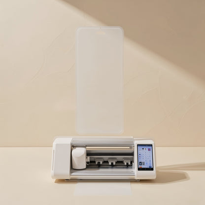 Gelguard – Cutting machine with touchscreen below a floating clear phone-shaped hydrogel film cut-out