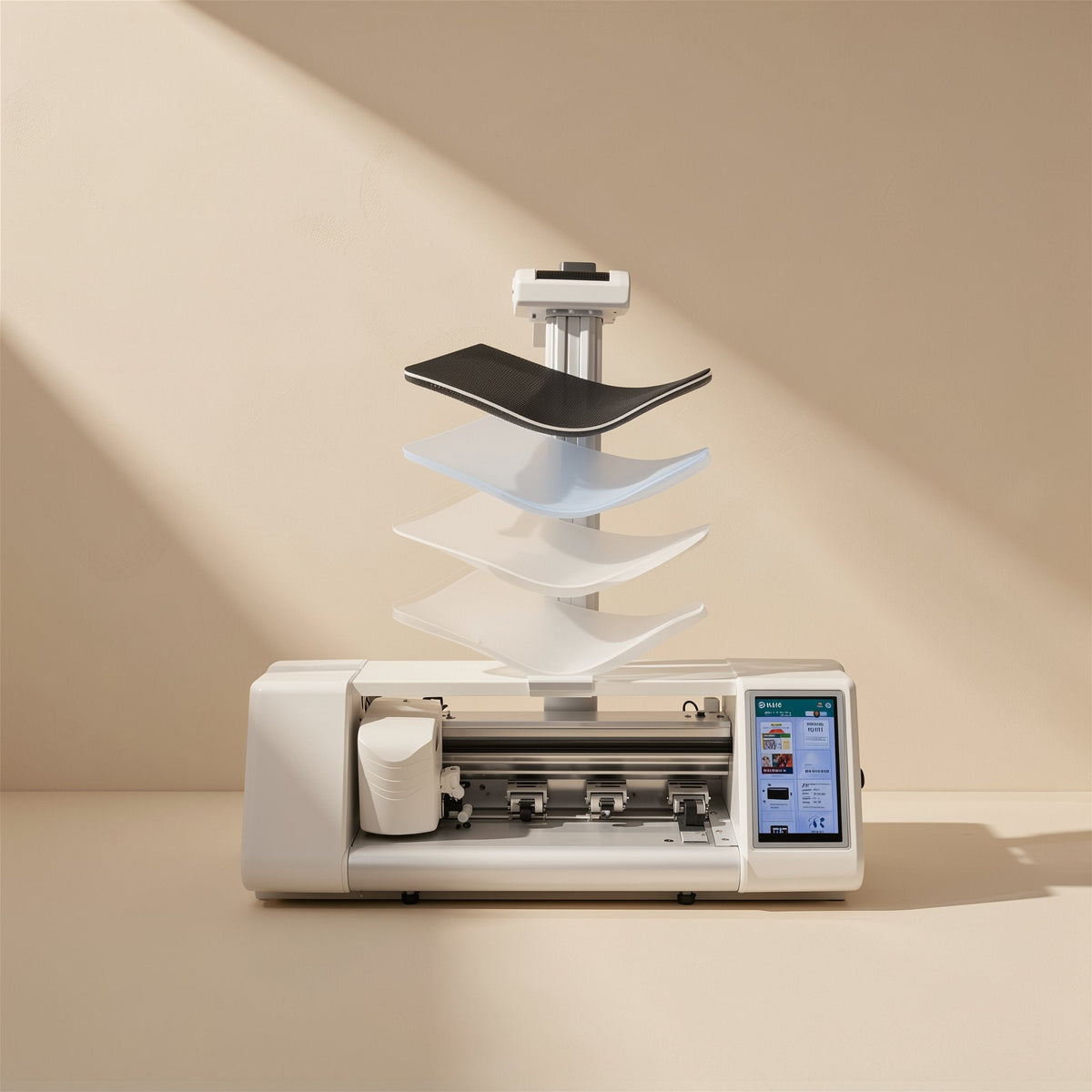 Gelguard – Film cutting machine with layered film sheets and a dark backing stacked above it on a stand