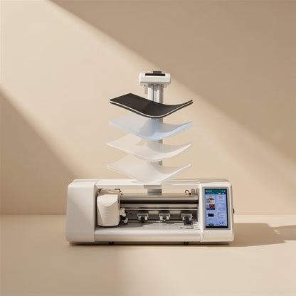 Gelguard – Film cutting machine with layered film sheets and a dark backing stacked above it on a stand