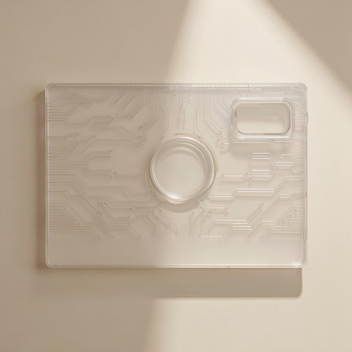 Gelguard – Close-up of a clear circuit-pattern film sheet with camera cut-out marks on a beige surface
