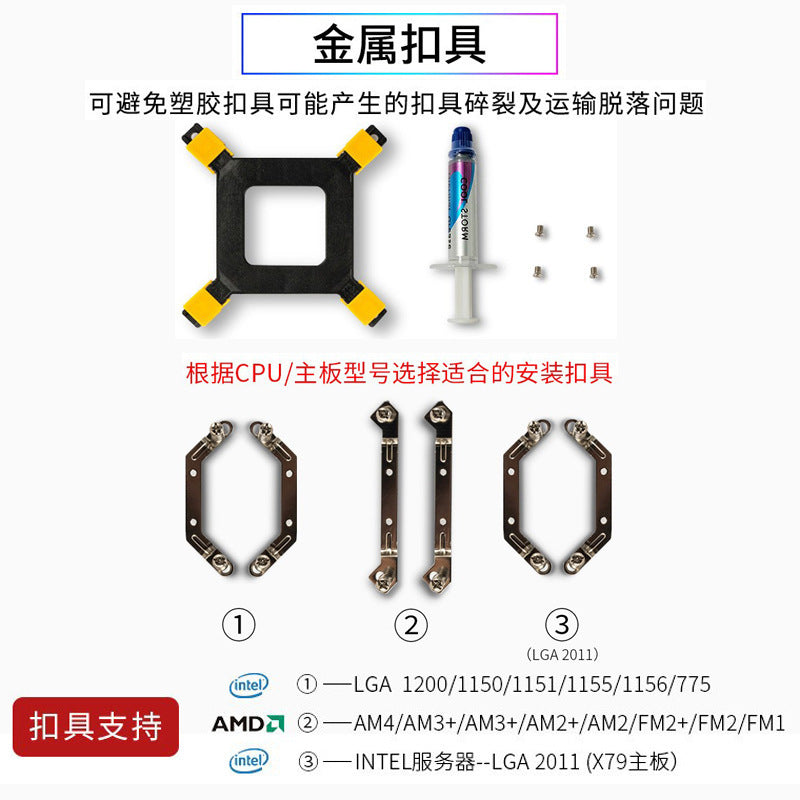 Pipeglow – Metal bracket set with yellow-tipped backplate, thermal paste syringe, screws and three bracket types