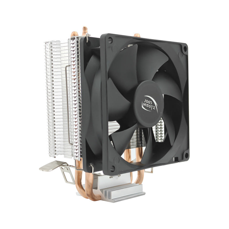 Pipeglow – Heat pipe CPU cooler at three-quarter angle showing black fan, aluminum fins and copper heat pipes on a base