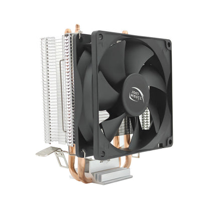 Pipeglow – Heat pipe CPU cooler at three-quarter angle showing black fan, aluminum fins and copper heat pipes on a base