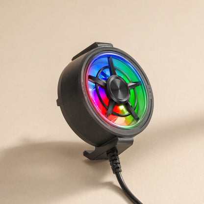 Breezefan Mobile Phone Cooler Fan – black cooler fan with glowing rainbow LED ring and attached cable, angled front view