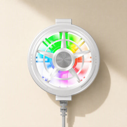 Breezefan Mobile Phone Cooler Fan – white cooler fan facing the camera, showing colourful lit blades and a silver centre hub