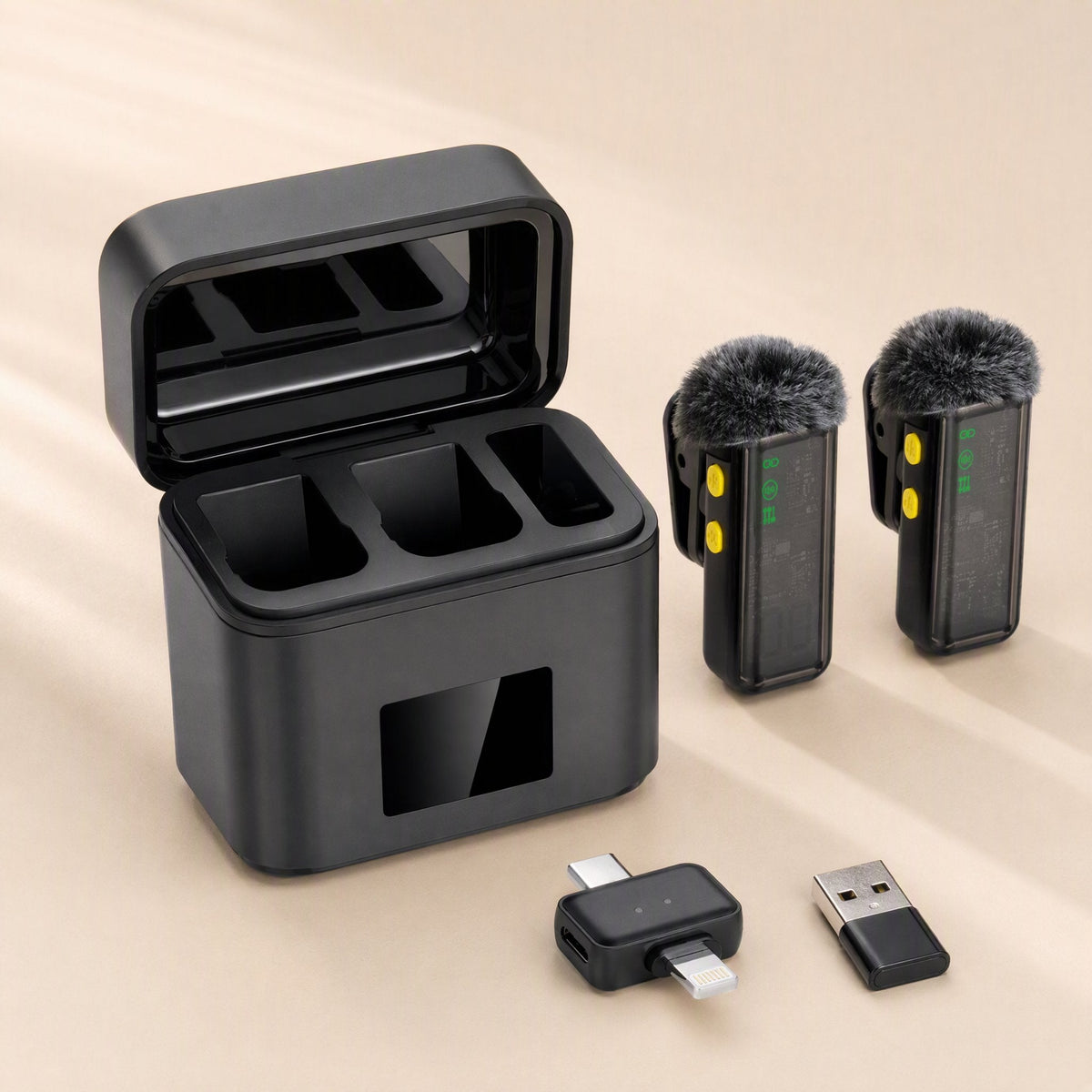 Clipcast Wireless Lavalier Microphone set with open charging case, two furry-windscreen mics and two adapters