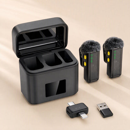 Clipcast Wireless Lavalier Microphone set with open charging case, two furry-windscreen mics and two adapters