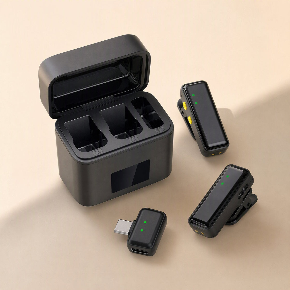Clipcast – Open charging case with two clip-on mics and a USB-C receiver, green indicator lights on