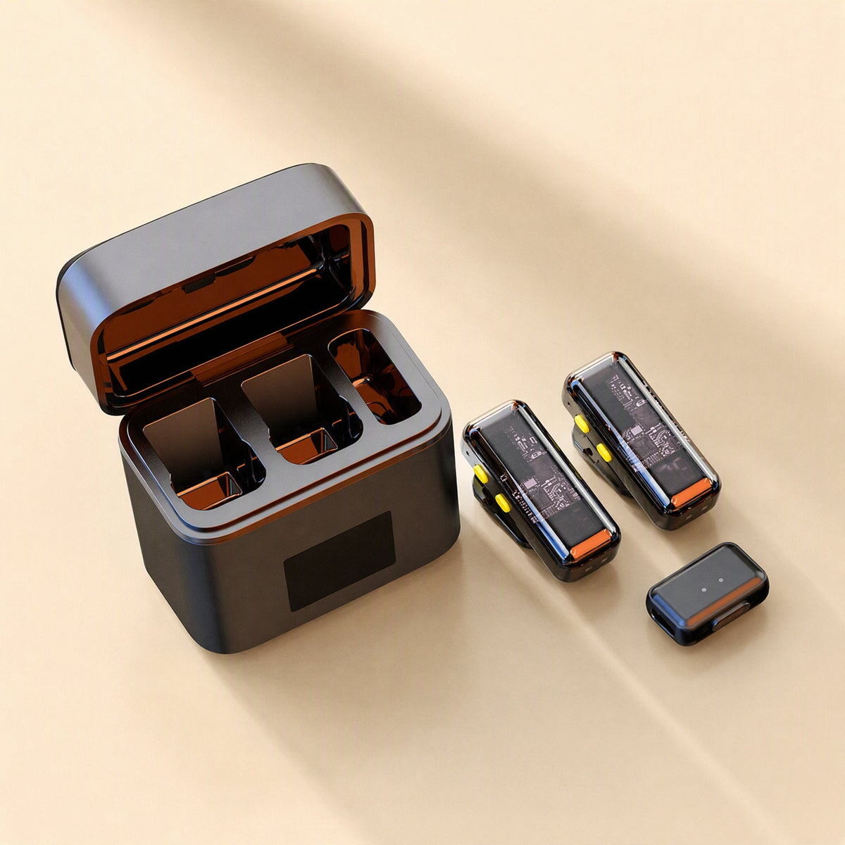 Clipcast – Transparent-shell mics with orange accents beside an open charging case and a small receiver