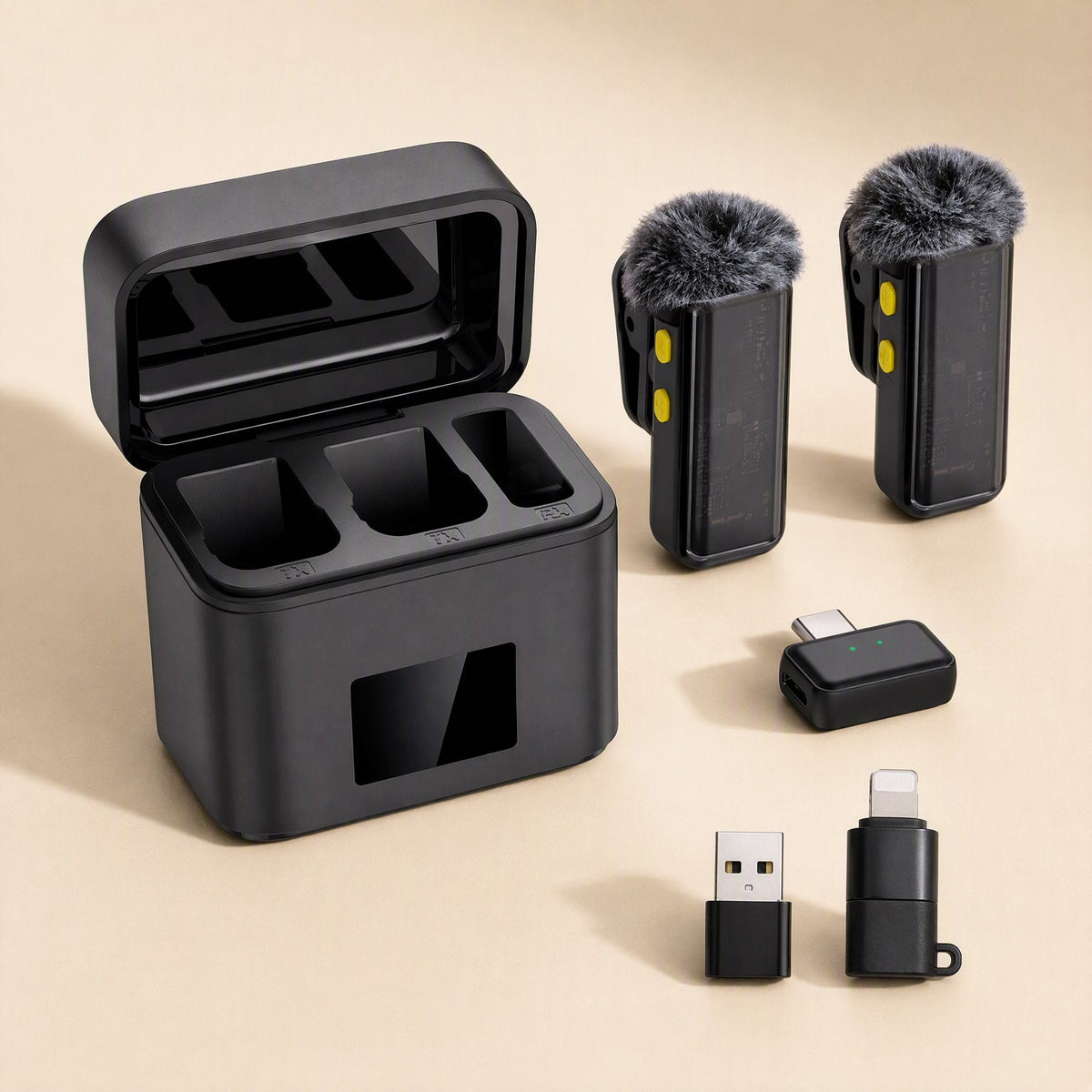 Clipcast – Charging case with two windscreen-covered mics, USB-C receiver, USB-A and Lightning adapters
