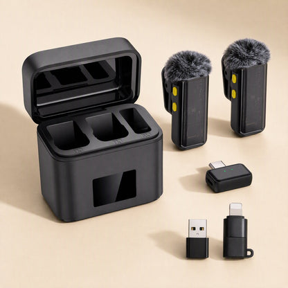 Clipcast – Charging case with two windscreen-covered mics, USB-C receiver, USB-A and Lightning adapters
