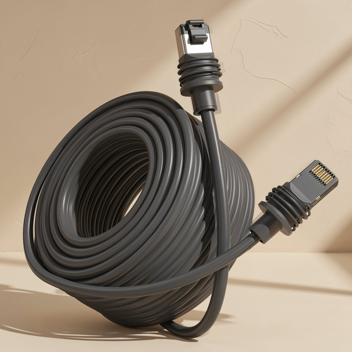 Databraid Cat5e network data cable coiled in a large black loop with RJ-45 plugs, against a beige wall