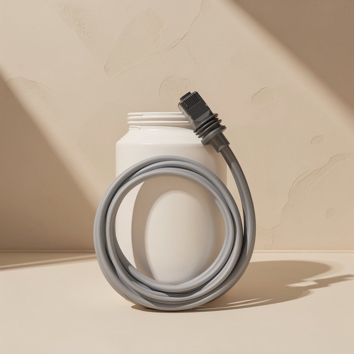 Databraid – Gray network cable wrapped around a white jar, with the RJ-45 plug resting on top of the jar